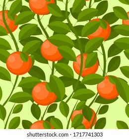 Orangen auf Blättern botanische Obstgrafik einzeln auf grünem Hintergrund, helle Vektorillustration nahtlose Muster für Textilien, Karten, Umhüllungspapier, Druck, Oberfläche