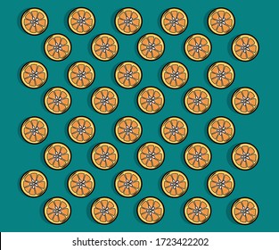 Naranjas sobre un fondo turquesa claro con sombras. Imagen vectorial