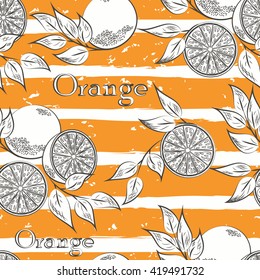 Oranges on orange stripes. Horizontal brush strokes seamless pattern. Vector illustration.