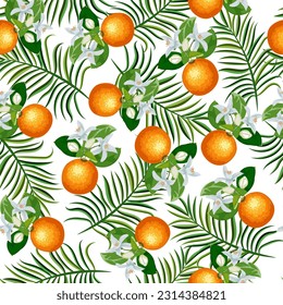 Oranges on palm leaves.Vector seamless pattern with oranges and palm leaves on a transparent background.