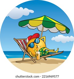 Oranges on vacation on the beach sitting and drinking orange juice, vector cartoon illustration