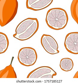Naranjas sobre un fondo blanco. La fruta entera y las lonchas de naranja. Vector. Patrón sin foco.