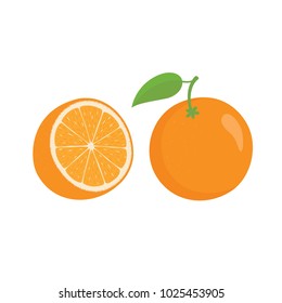 Oranges orange slice, half cut orange and front view of cut ripe orange.