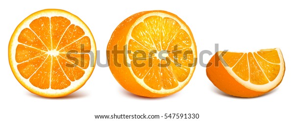 オレンジ オレンジのスライス 半分に切ったオレンジの背景に切り取られた熟したオレンジの正面図 ベクターイラストのセット 完全に編集可能な手作りのメッシュ のベクター画像素材 ロイヤリティフリー