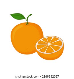 oranges and orange slices, vector illustration with bright and fresh colors, minimalistic, suitable for packaging juice drinks, restaurants, vegetarianism, agriculture, vitamins, nutrition, printing