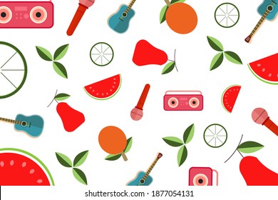oranges, pares, watermelons and music instruments vector background tape recorder, guitar and mike  design for backgrounds, banners, posters and gift wrapping sheets illustration. 