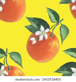 Oranges Pattern illustration with watercolor on yellow