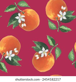 Oranges Pattern illustration with watercolor on dark pink color