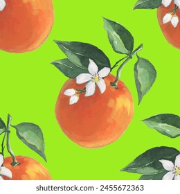 Oranges Pattern illustration with watercolor on green color