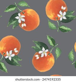 Oranges Pattern illustration with watercolor on dark gray color