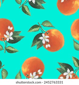 Oranges Pattern illustration with watercolor in vector on turquoise color