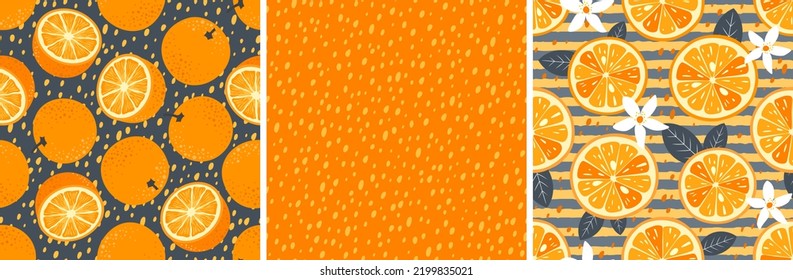 Oranges patterns set. Seamless vector patterns with oranges, slices, leaves and juicy splashes. For the manufacture of fabrics, digital paper, wrapping paper, backgrounds.