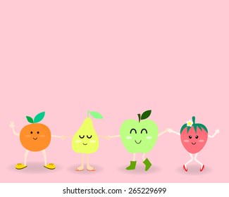 oranges pear apple and strawberry in sweet cute cartoon style in the happy face emotion