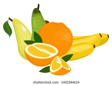 Oranges, pear and bananas. Vector illustration on a white background