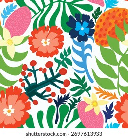 Orangen, rosafarbene Zitrone, grüne Zweige, Zitronenblumen und Büsche nahtlos Muster. bunte Blumen und Zitronen tropische nahtlose Muster. Gut für Stoff, Textilien, Fliesen, Dekoration und mehr.