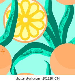 oranges with plants seamless vector pattern