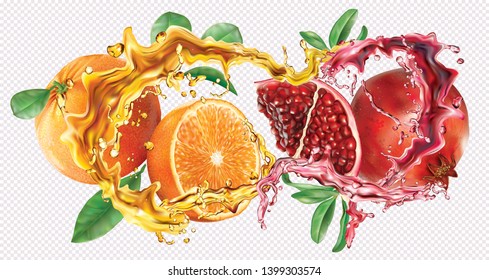 Oranges and pomegranate fruits into of burst splashes of juices on white background. Vector mesh illustration