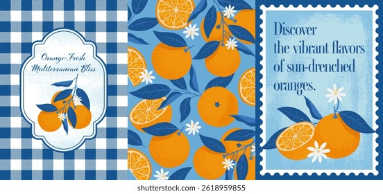 Oranges Poster in Mediterranean style. Vector illustration in hand-drawn flat style.