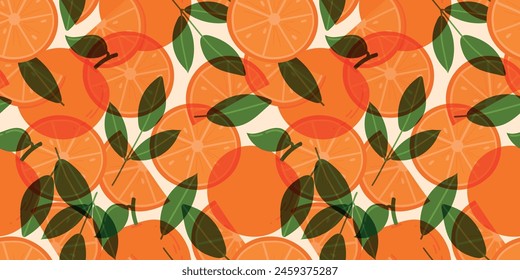 Oranges risoprint seamless pattern. Fresh oranges, leaves and seeds for fabric, drawing labels, wallpaper, fruit background. Slices of oranges background.