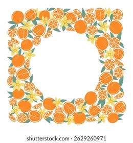 Oranges, round frame. Leaves, fruits and flowers. Fruit slices, citrus halves. Natural food. Blank summer background with space for text. Color flat illustration. Isolated white background.