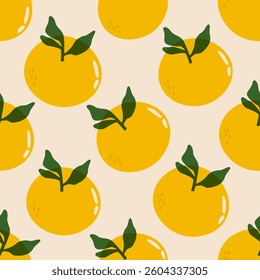 Oranges seamless pattern. Citrus orange fruit with leaves, tangerine and mandarin background cartoon style, summer print for fabric wrapping paper. Vector orange endless texture