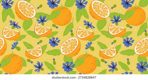 Oranges. Seamless pattern with fresh oranges, green leaves, and cornflowers. Modern, minimalist retro illustration.