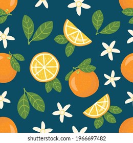 Oranges seamless pattern with leaves. Whole orange, orange slice, half orange, green leaves. Citrus fruit. Vector illustration. 

