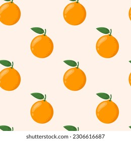 Oranges seamless pattern. Ripe sweet oranges with green leaves on pastel background. Summer fruits theme wallpaper. 