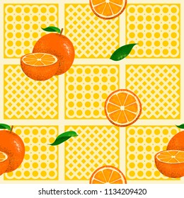 Oranges seamless pattern with texture geometrical pattern vintage style botanical hand drawn illustration on a light orange background. Can use for fabric, fashion, cafe, restaurant, & tablecloth