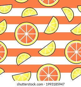 Oranges seamless pattern. Vector illustration. Lemon  slices on orange and white stripes background