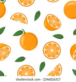 Oranges seamless pattern. Whole, half and slices of ripe oranges with green leaves on white background. Summer tropical fruits theme wallpaper. 