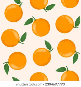 Oranges seamless pattern. Whole ripe oranges with green leaves on pastel background. Summer fruits theme wallpaper. 