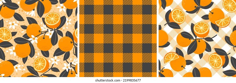 Oranges seamless patterns set. Vector patterns with oranges, slices, leaves and a Scottish cage. For the manufacture of fabrics, digital paper, wrapping paper, backgrounds.