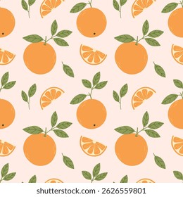 Oranges, seamless vector pattern. Bright summer pattern with oranges on a pink background in a simple flat style.