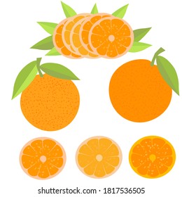 
Oranges, sliced ​​oranges and tree leaves. Healthy eating.