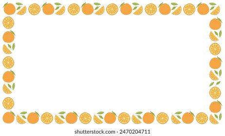 Oranges and slices with leaves forming a decorative border on a white background, citrus frame.