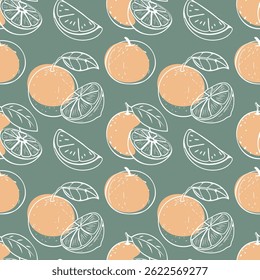 Oranges and slices with leaves seamless pattern. Hand drawn citrus outline on green background. Illustration.