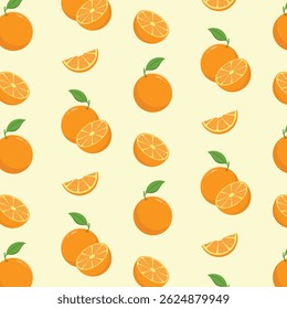Oranges with slices and leaves seamless pattern, citrus fruit vector illustration. 