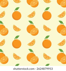 Oranges with slices and leaves seamless pattern, citrus fruit vector illustration. 