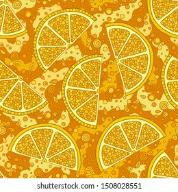 Oranges slices on a orange background seamless pattern. Hand drawn vector illustration in doodle style for summer cover, citrus tropical wallpaper, vintage texture.