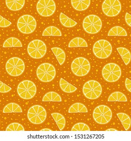 Oranges slices on a orange background seamless pattern. Hand drawn illustration in doodle style for summer cover, citrus tropical wallpaper, vintage texture.