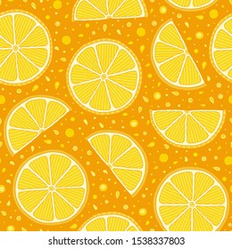 Oranges slices on a orange background seamless pattern. Hand drawn illustration in doodle style for summer cover, citrus tropical wallpaper, vintage texture.