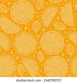 Oranges slices on a orange background seamless pattern. Hand drawn illustration in doodle style for summer cover, citrus tropical wallpaper, vintage texture.