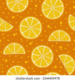 Oranges slices on a orange background seamless pattern. Hand drawn illustration in doodle style for summer cover, citrus tropical wallpaper, vintage texture.