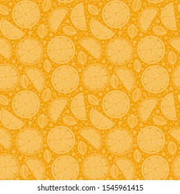 Oranges slices on a orange background seamless pattern. Hand drawn illustration in doodle style for summer cover, citrus tropical wallpaper, vintage texture.
