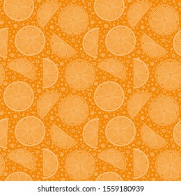 Oranges slices on a orange background seamless pattern. Hand drawn illustration in doodle style for summer cover, citrus tropical wallpaper, vintage texture.