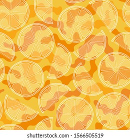 Oranges slices on a orange background seamless pattern. Hand drawn vector illustration in doodle style for summer cover, citrus tropical wallpaper, vintage texture.