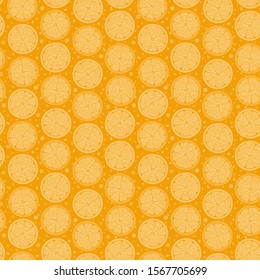 Oranges slices on a orange background seamless pattern. Hand drawn illustration in doodle style for summer cover, citrus tropical wallpaper, vintage texture.