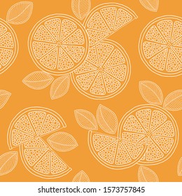 Oranges slices on a orange background seamless pattern. Hand drawn illustration in doodle style for summer cover, citrus tropical wallpaper, vintage texture.