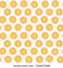 Oranges slices on a white background seamless pattern. Hand drawn illustration in doodle style for summer cover, citrus tropical wallpaper, vintage texture.